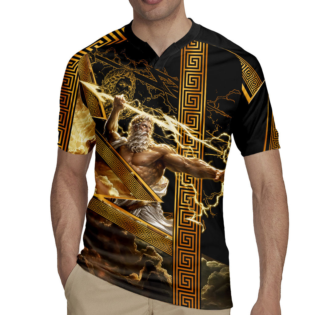 Zeus Greek Mythology King Of Gods Rugby Jersey Gold Meander Pattern Lightning Bolt Mythological