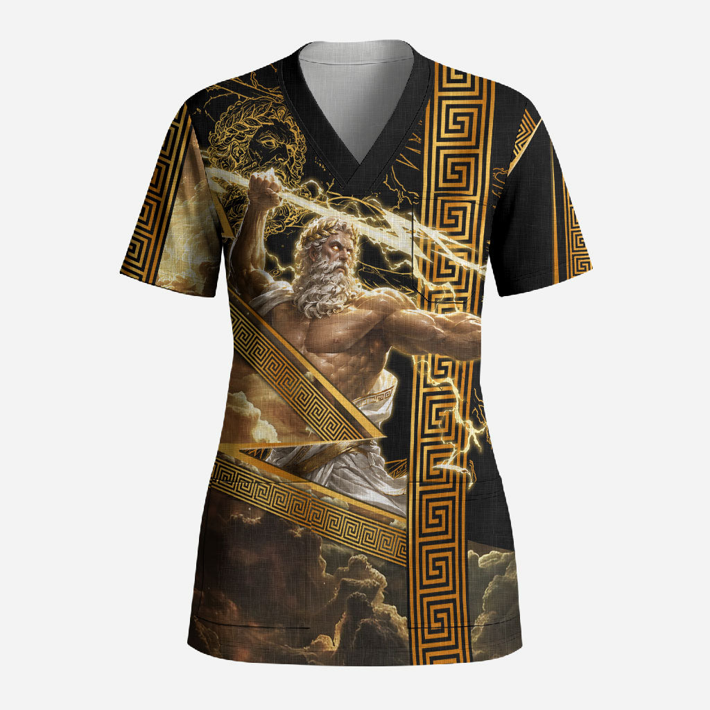 Zeus Greek Mythology King Of Gods Scrub Top Gold Meander Pattern Lightning Bolt Mythological