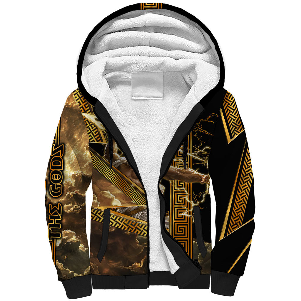 Zeus Greek Mythology King Of Gods Sherpa Hoodie Gold Meander Pattern Lightning Bolt Mythological