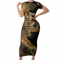 Zeus Greek Mythology King Of Gods Short Sleeve Bodycon Dress Gold Meander Pattern Lightning Bolt Mythological