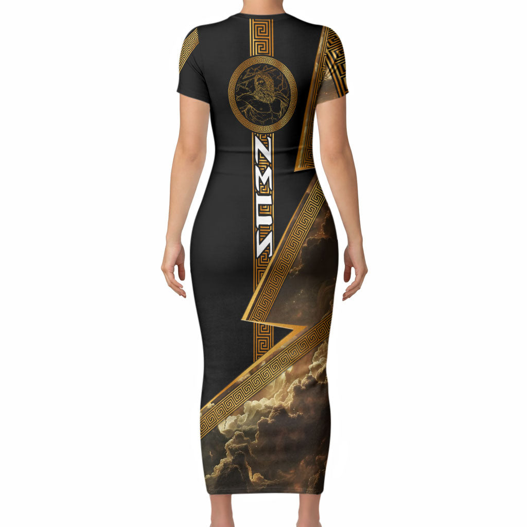 Zeus Greek Mythology King Of Gods Short Sleeve Bodycon Dress Gold Meander Pattern Lightning Bolt Mythological