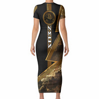 Zeus Greek Mythology King Of Gods Short Sleeve Bodycon Dress Gold Meander Pattern Lightning Bolt Mythological