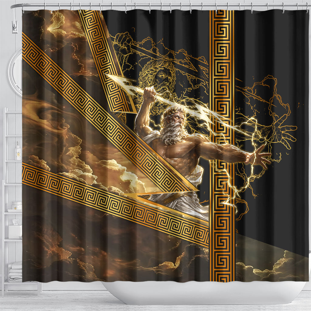 Zeus Greek Mythology King Of Gods Shower Curtain Gold Meander Pattern Lightning Bolt Mythological