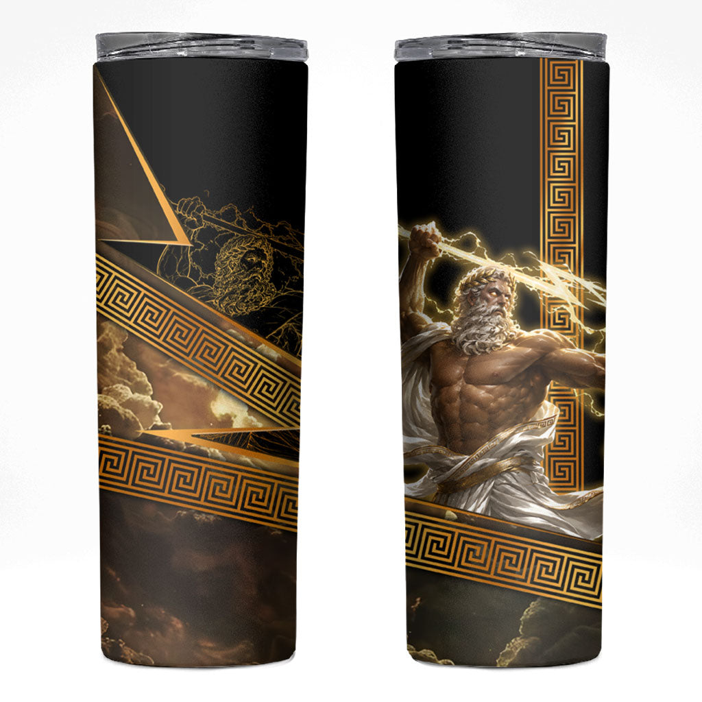 Zeus Greek Mythology King Of Gods Skinny Tumbler Gold Meander Pattern Lightning Bolt Mythological