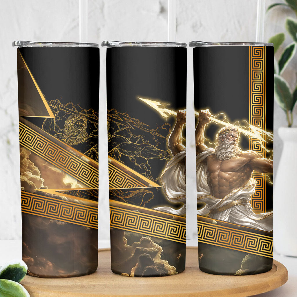 Zeus Greek Mythology King Of Gods Skinny Tumbler Gold Meander Pattern Lightning Bolt Mythological