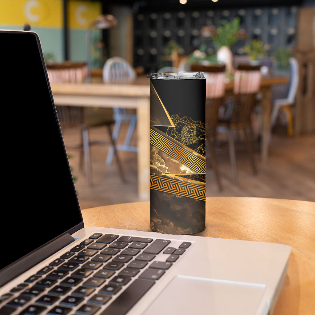 Zeus Greek Mythology King Of Gods Skinny Tumbler Gold Meander Pattern Lightning Bolt Mythological