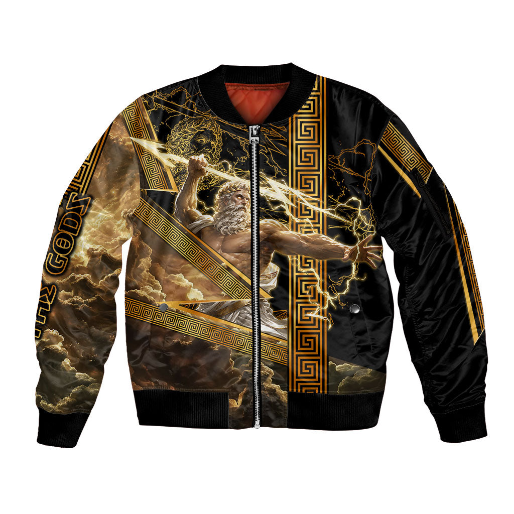 Zeus Greek Mythology King Of Gods Sleeve Zip Bomber Jacket Gold Meander Pattern Lightning Bolt Mythological