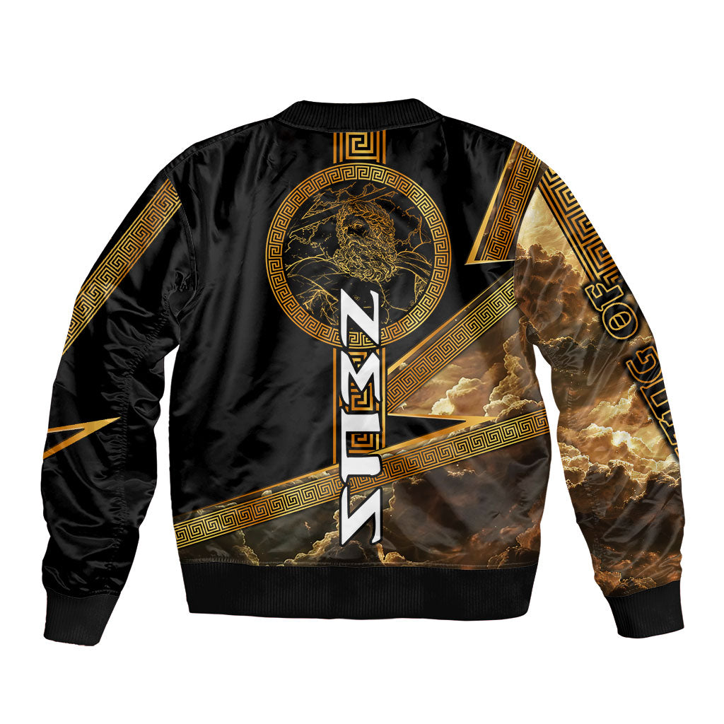 Zeus Greek Mythology King Of Gods Sleeve Zip Bomber Jacket Gold Meander Pattern Lightning Bolt Mythological
