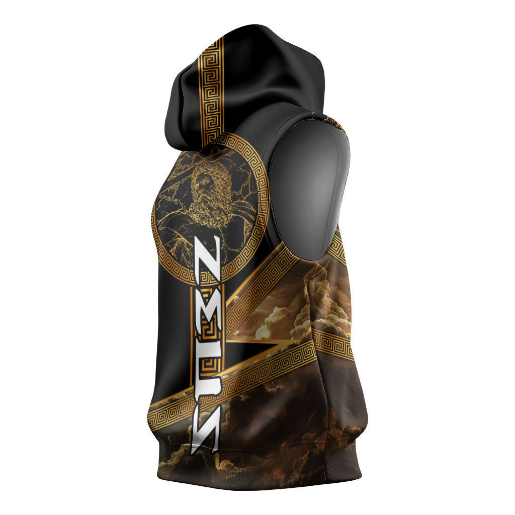 Zeus Greek Mythology King Of Gods Sleeveless Hoodie Gold Meander Pattern Lightning Bolt Mythological