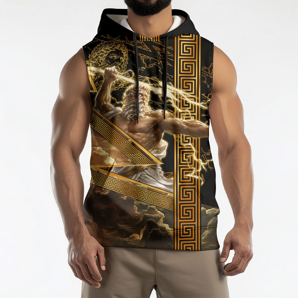 Zeus Greek Mythology King Of Gods Sleeveless Hoodie Gold Meander Pattern Lightning Bolt Mythological