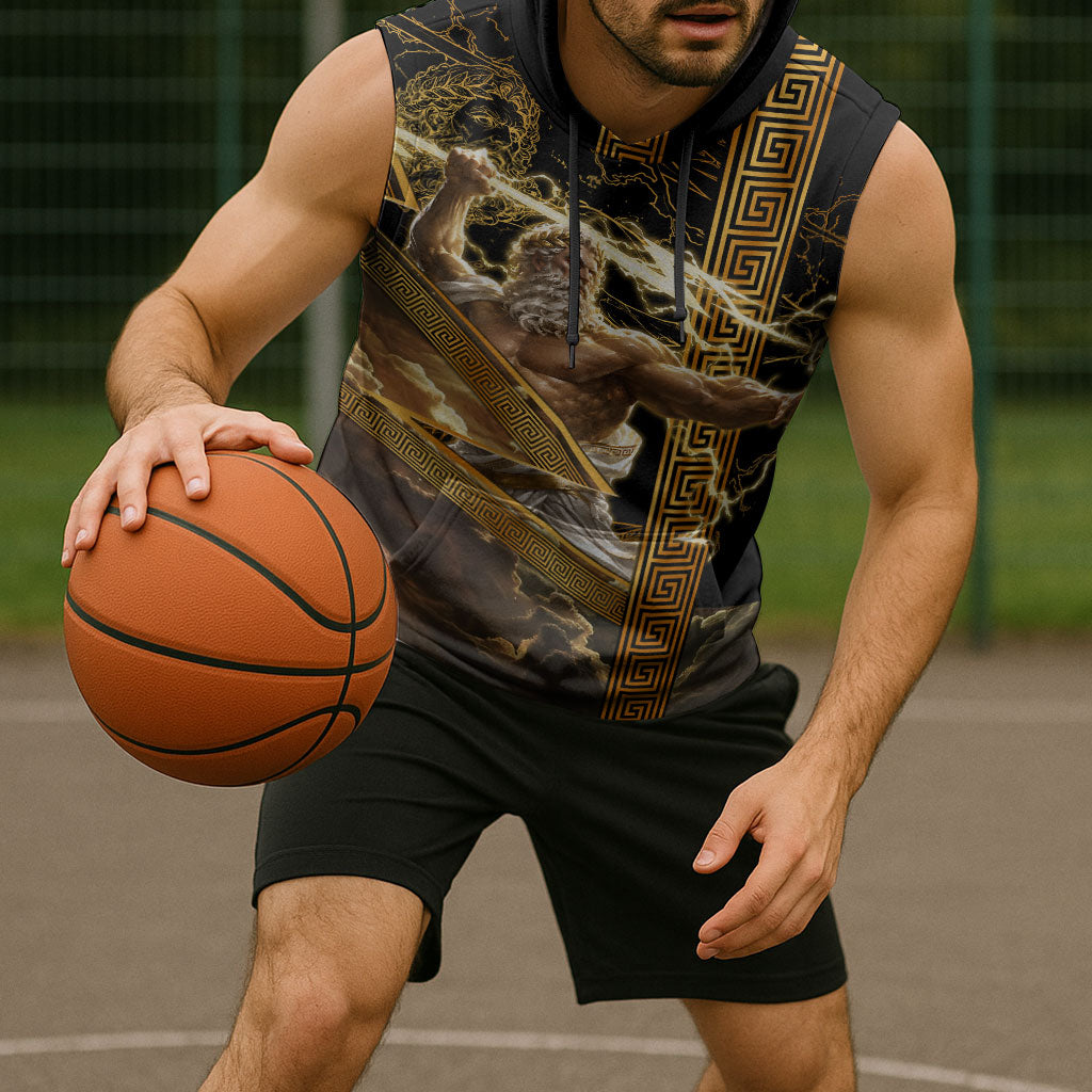 Zeus Greek Mythology King Of Gods Sleeveless Hoodie Gold Meander Pattern Lightning Bolt Mythological