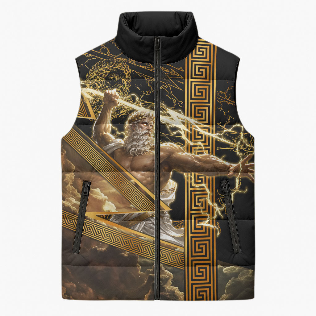 Zeus Greek Mythology King Of Gods Sleeveless Puffer Jacket Gold Meander Pattern Lightning Bolt Mythological