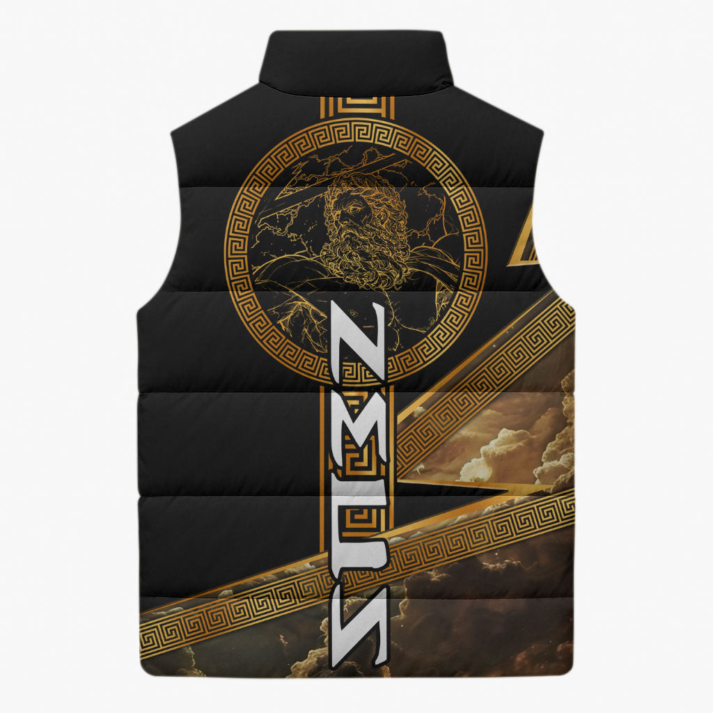 Zeus Greek Mythology King Of Gods Sleeveless Puffer Jacket Gold Meander Pattern Lightning Bolt Mythological