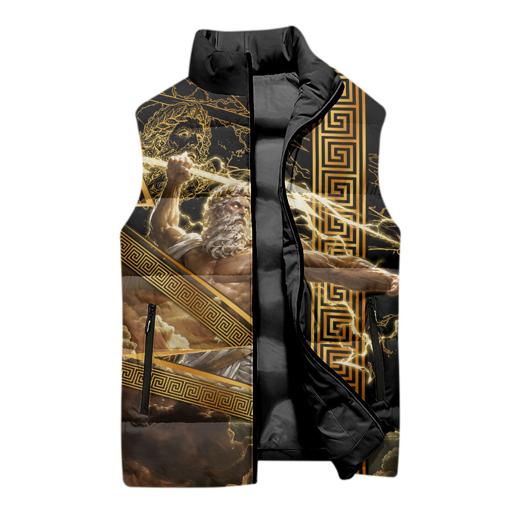Zeus Greek Mythology King Of Gods Sleeveless Puffer Jacket Gold Meander Pattern Lightning Bolt Mythological