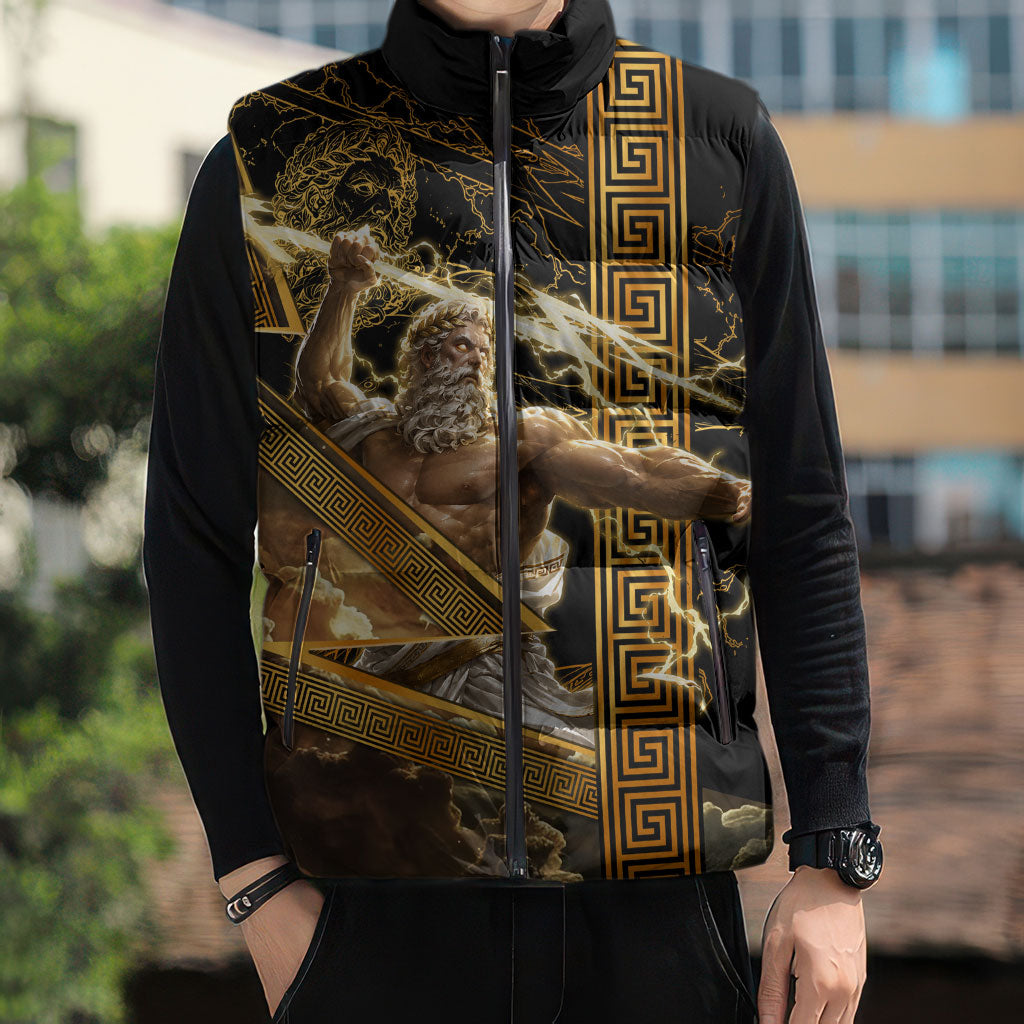 Zeus Greek Mythology King Of Gods Sleeveless Puffer Jacket Gold Meander Pattern Lightning Bolt Mythological
