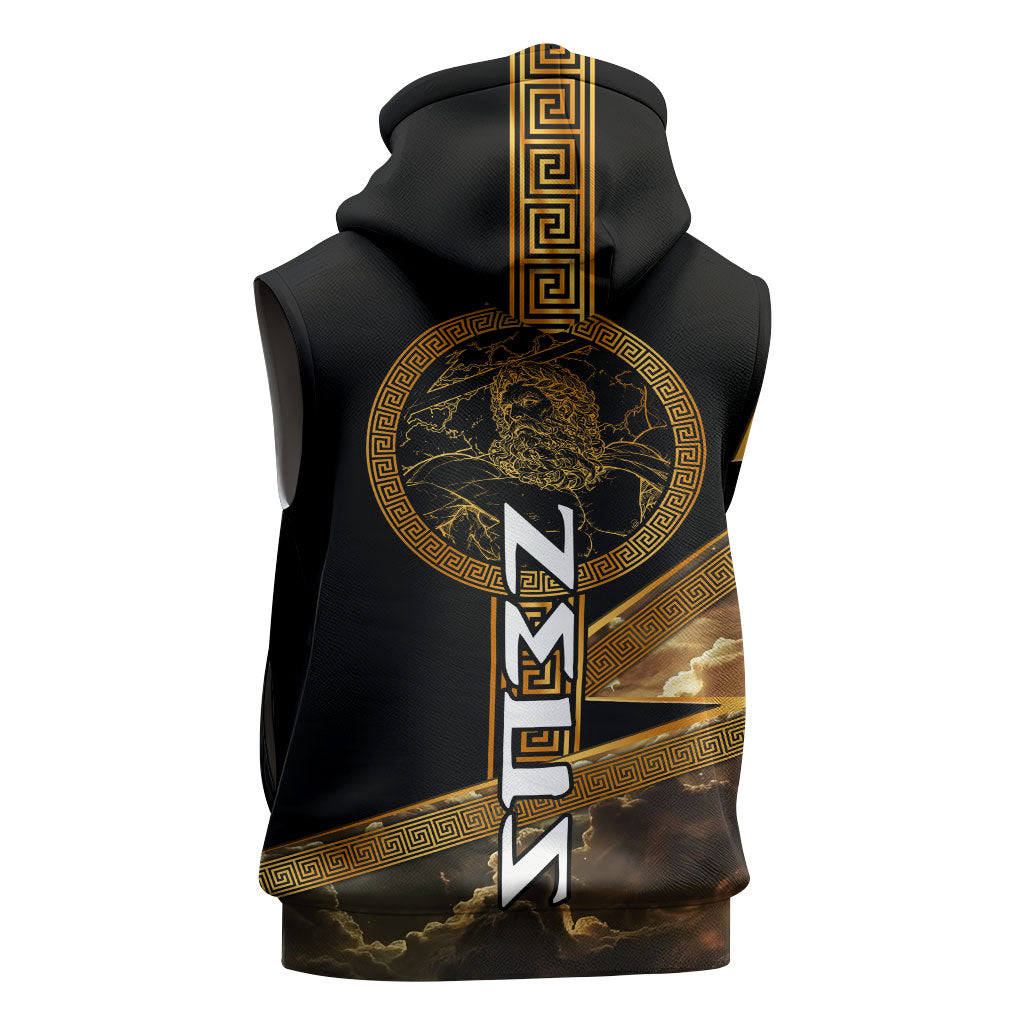 Zeus Greek Mythology King Of Gods Sleeveless Zip Hoodie Gold Meander Pattern Lightning Bolt Mythological