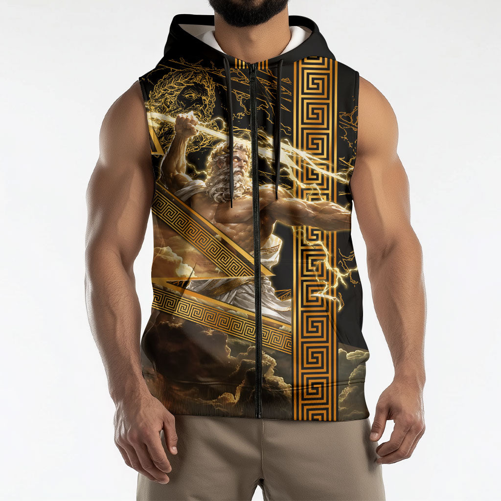 Zeus Greek Mythology King Of Gods Sleeveless Zip Hoodie Gold Meander Pattern Lightning Bolt Mythological