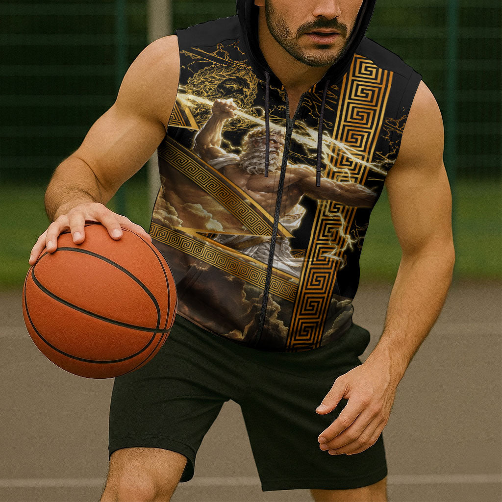 Zeus Greek Mythology King Of Gods Sleeveless Zip Hoodie Gold Meander Pattern Lightning Bolt Mythological