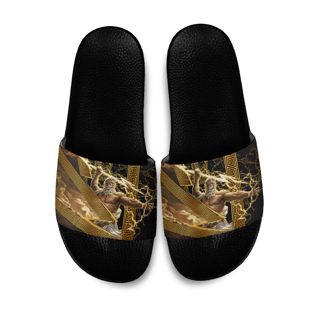 Zeus Greek Mythology King Of Gods Slide Sandals Gold Meander Pattern Lightning Bolt Mythological
