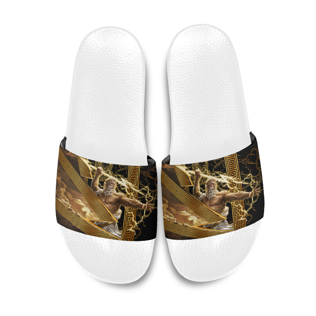Zeus Greek Mythology King Of Gods Slide Sandals Gold Meander Pattern Lightning Bolt Mythological