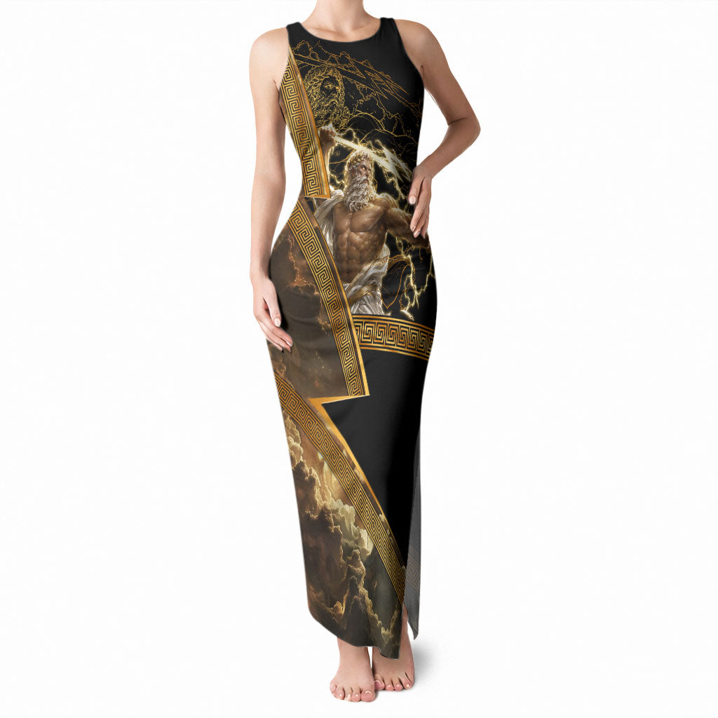 Zeus Greek Mythology King Of Gods Tank Maxi Dress Gold Meander Pattern Lightning Bolt Mythological