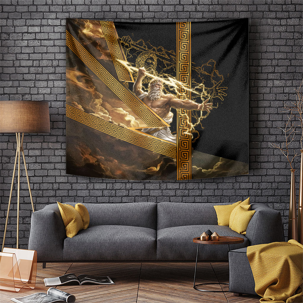 Zeus Greek Mythology King Of Gods Tapestry Gold Meander Pattern Lightning Bolt Mythological