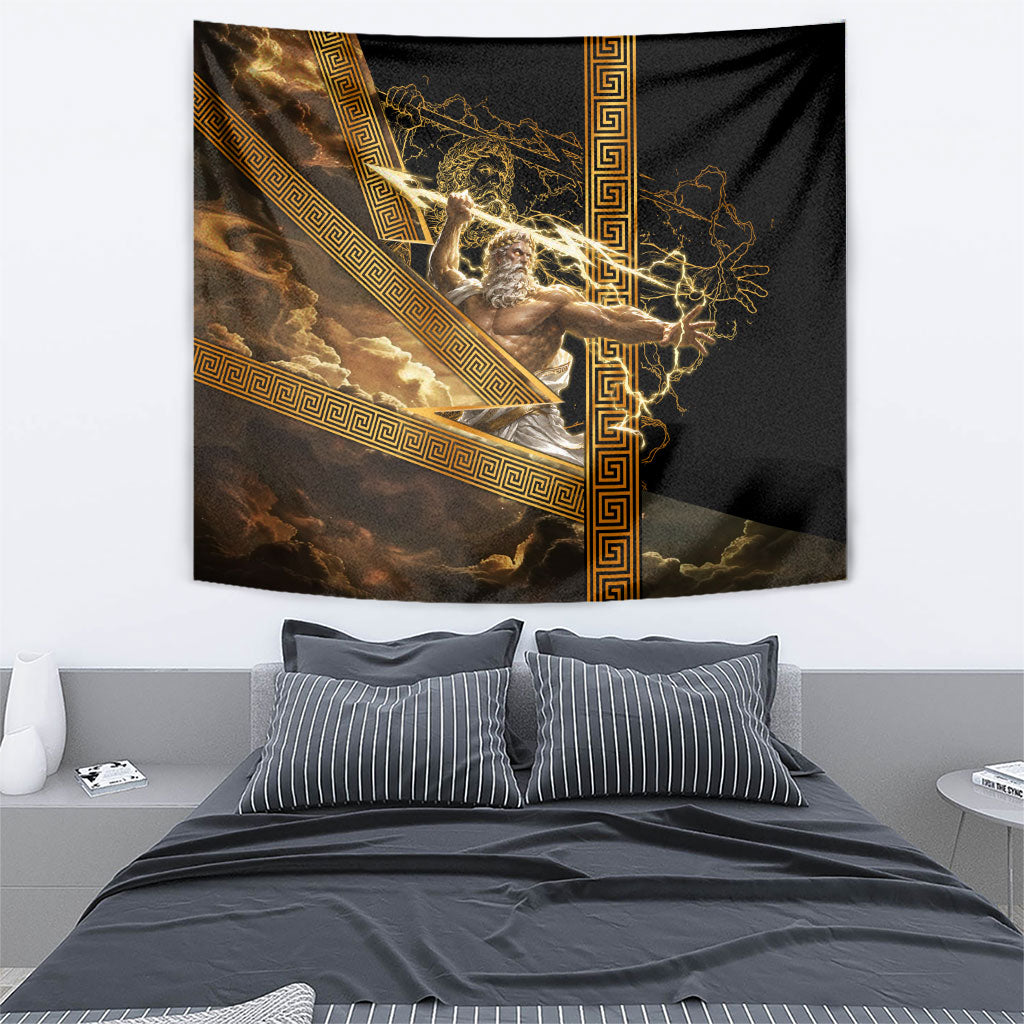 Zeus Greek Mythology King Of Gods Tapestry Gold Meander Pattern Lightning Bolt Mythological