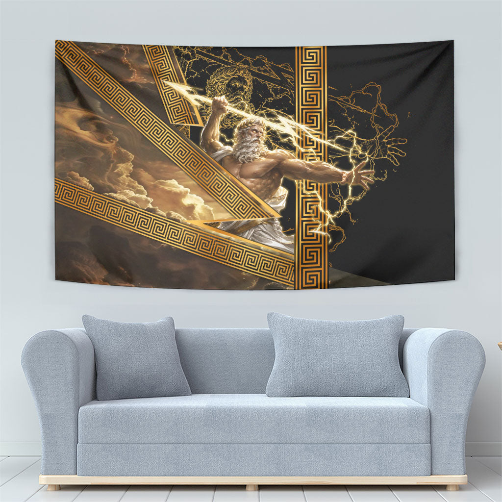 Zeus Greek Mythology King Of Gods Tapestry Gold Meander Pattern Lightning Bolt Mythological