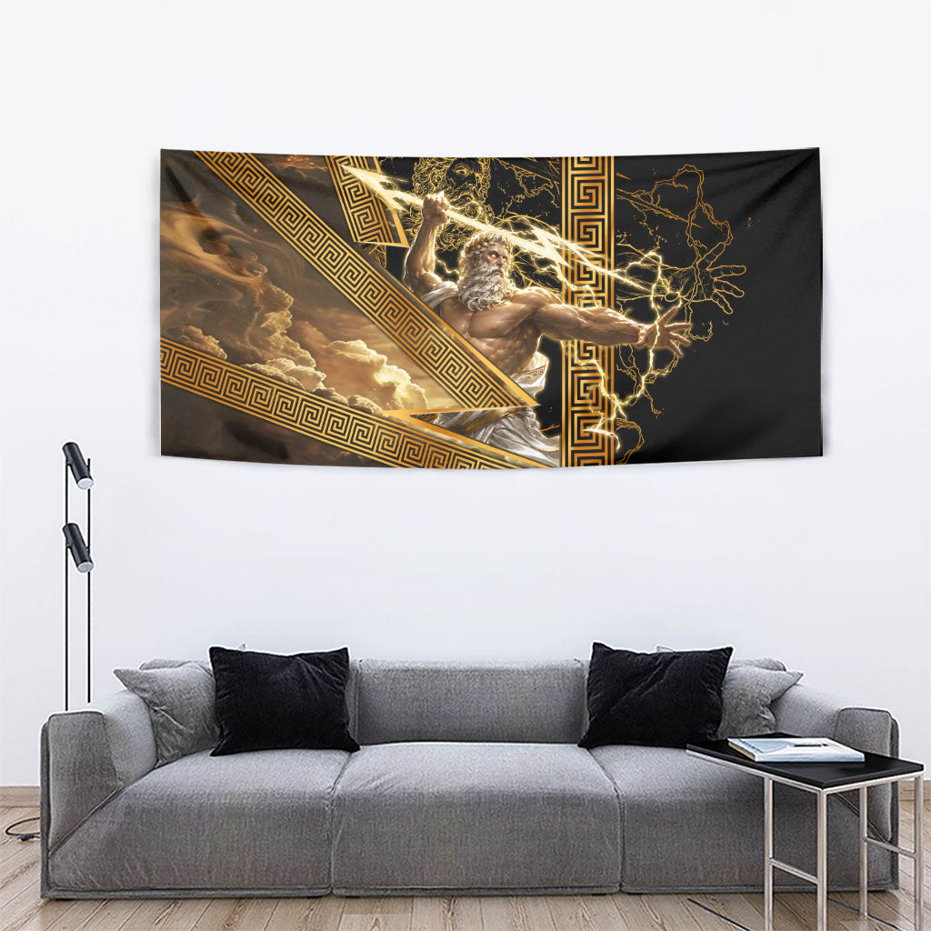 Zeus Greek Mythology King Of Gods Tapestry Gold Meander Pattern Lightning Bolt Mythological