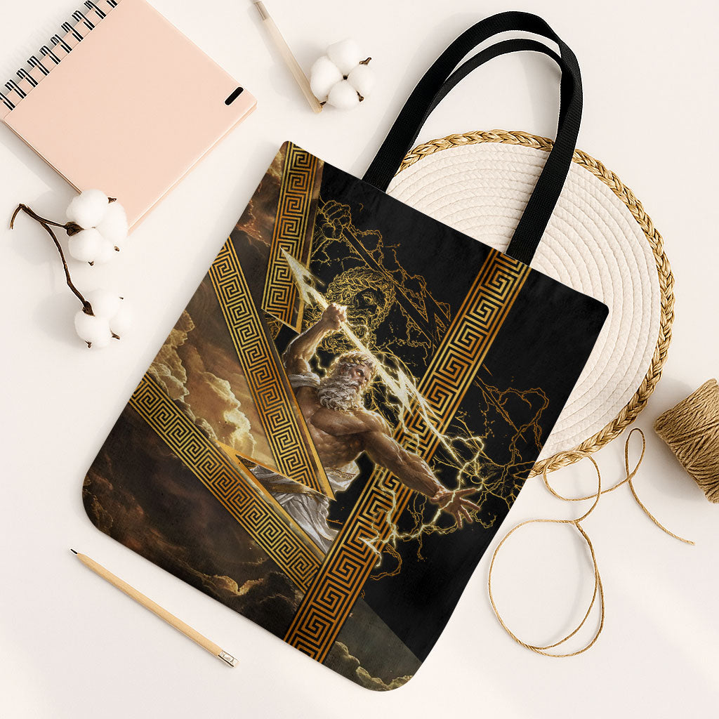 Zeus Greek Mythology King Of Gods Tote Bag Gold Meander Pattern Lightning Bolt Mythological