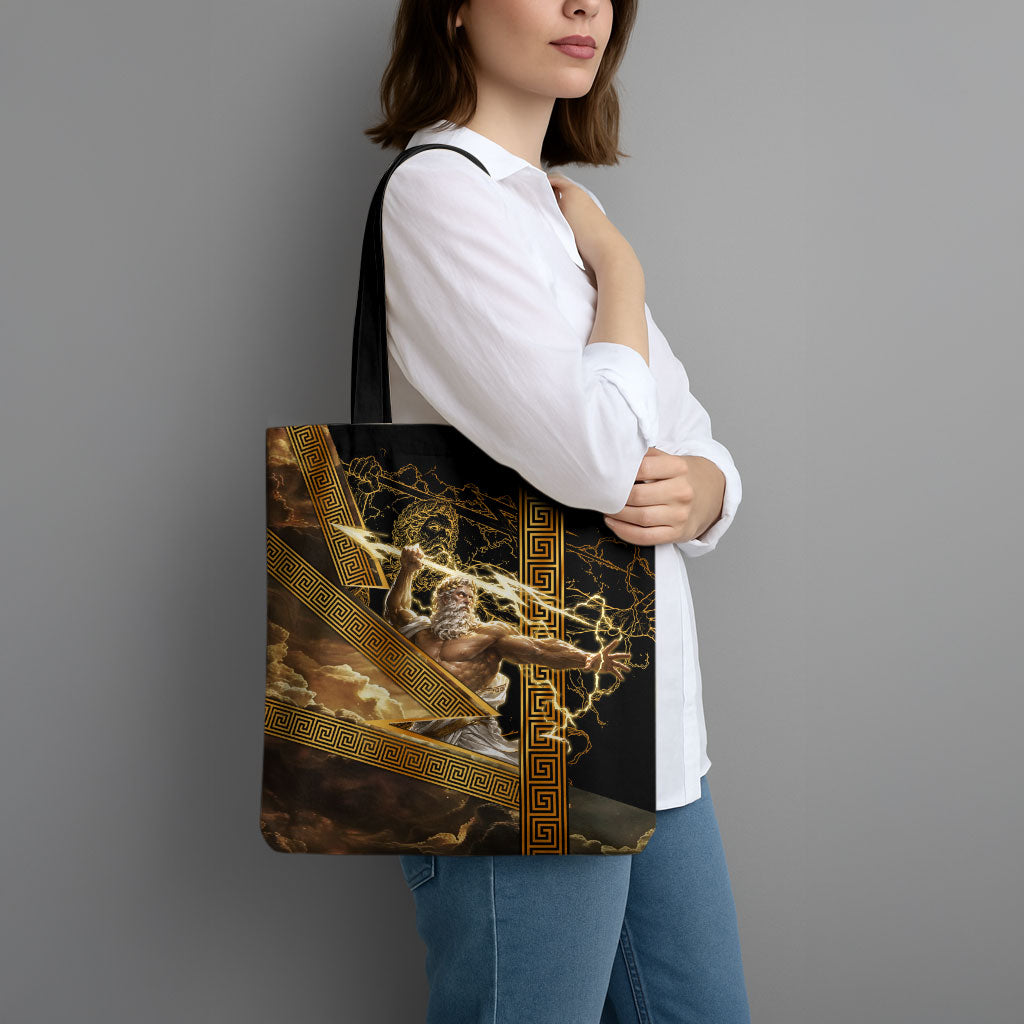 Zeus Greek Mythology King Of Gods Tote Bag Gold Meander Pattern Lightning Bolt Mythological