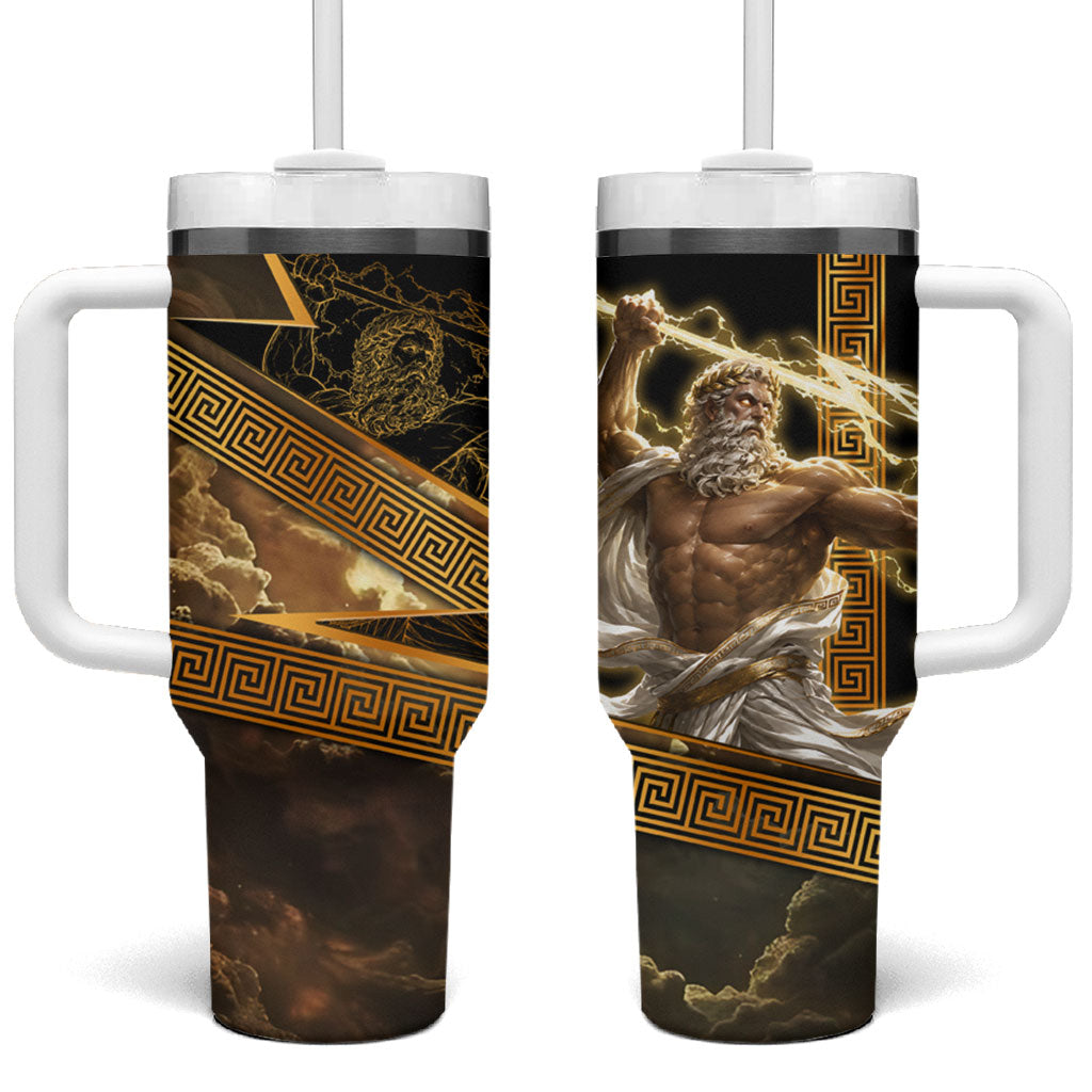 Zeus Greek Mythology King Of Gods Tumbler With Handle Gold Meander Pattern Lightning Bolt Mythological