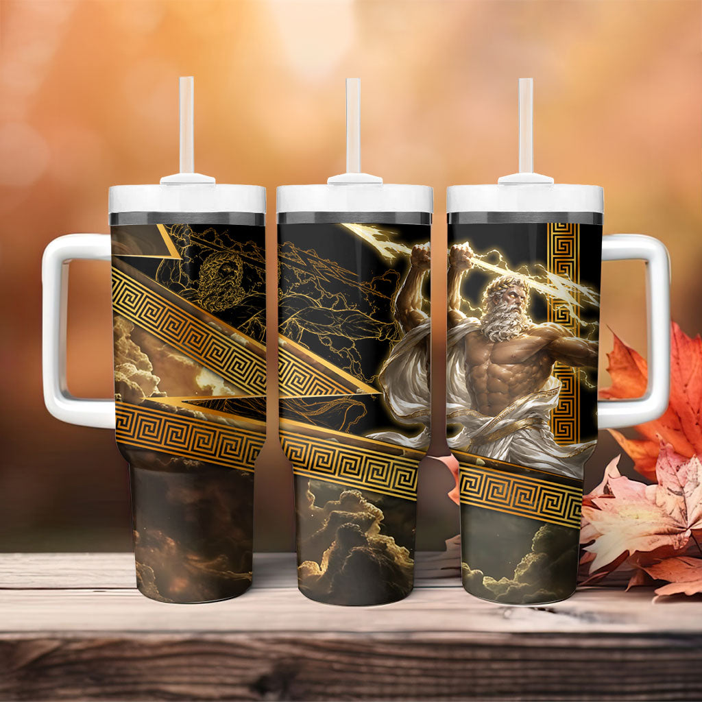 Zeus Greek Mythology King Of Gods Tumbler With Handle Gold Meander Pattern Lightning Bolt Mythological