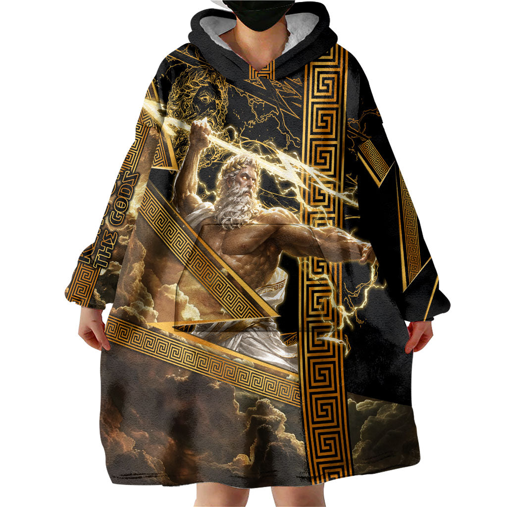 Zeus Greek Mythology King Of Gods Wearable Blanket Hoodie Gold Meander Pattern Lightning Bolt Mythological