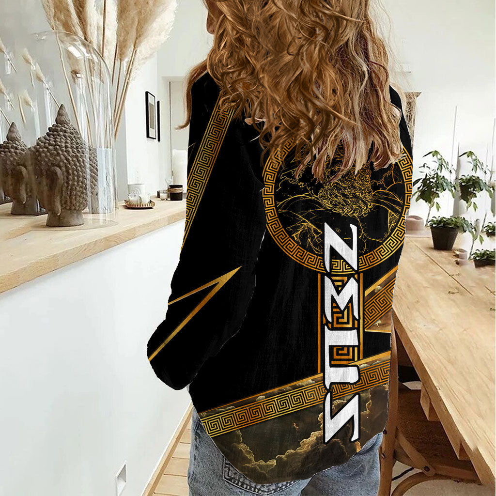 Zeus Greek Mythology King Of Gods Women Casual Shirt Gold Meander Pattern Lightning Bolt Mythological