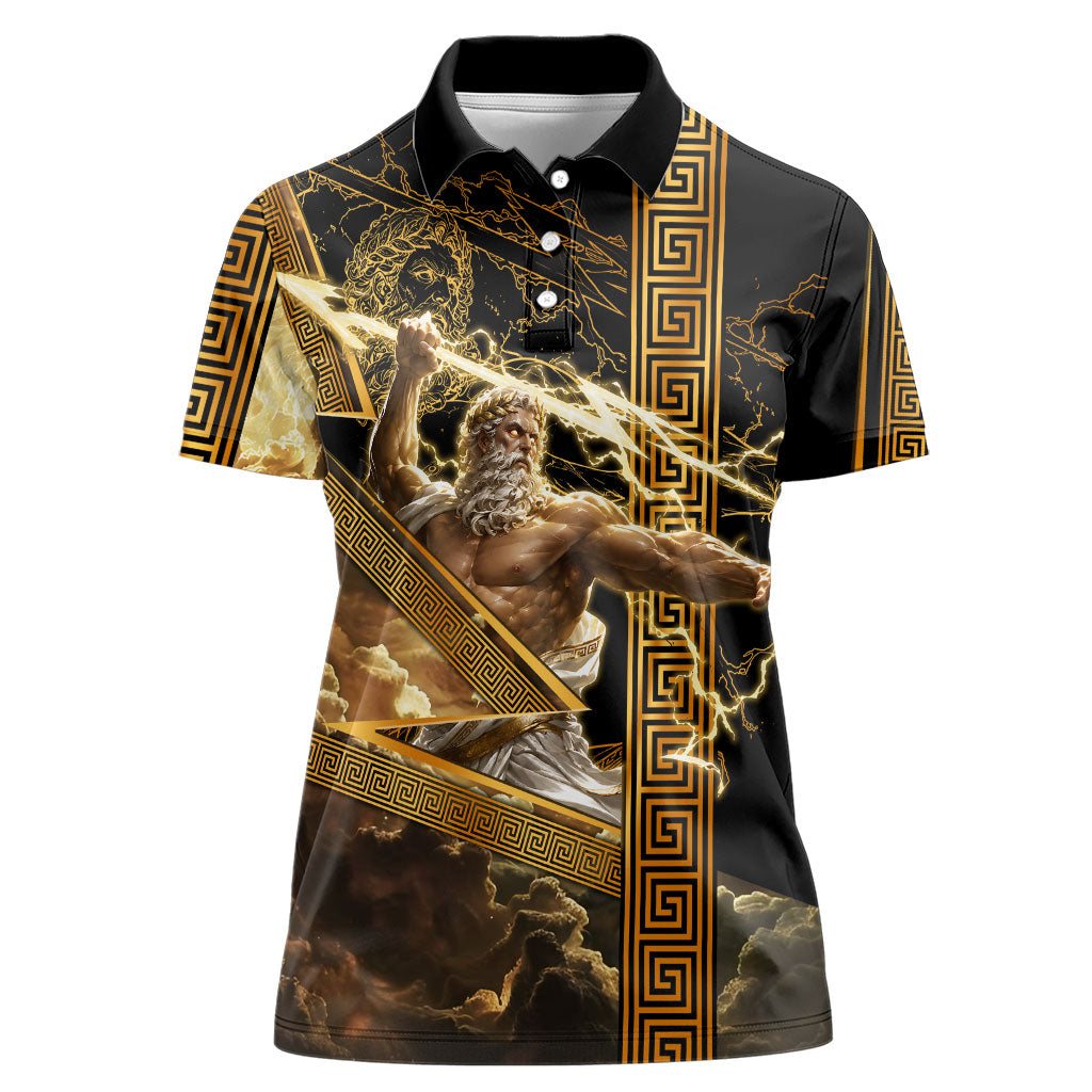 Zeus Greek Mythology King Of Gods Women Polo Shirt Gold Meander Pattern Lightning Bolt Mythological