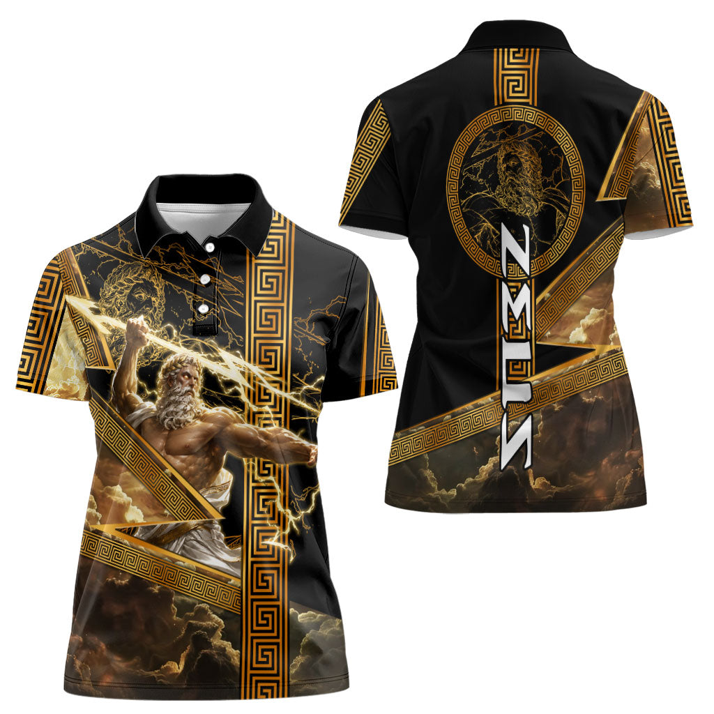 Zeus Greek Mythology King Of Gods Women Polo Shirt Gold Meander Pattern Lightning Bolt Mythological