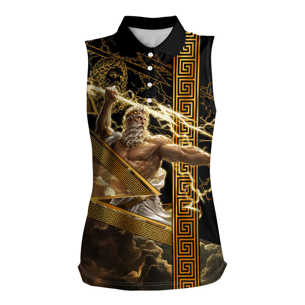 Zeus Greek Mythology King Of Gods Women Sleeveless Polo Shirt Gold Meander Pattern Lightning Bolt Mythological
