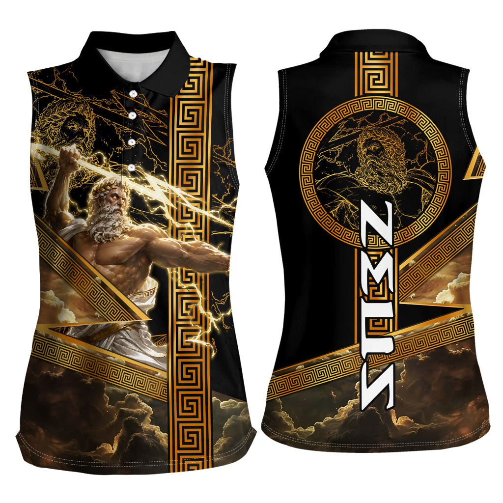 Zeus Greek Mythology King Of Gods Women Sleeveless Polo Shirt Gold Meander Pattern Lightning Bolt Mythological