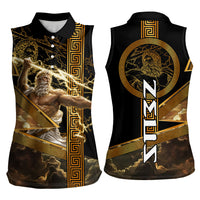 Zeus Greek Mythology King Of Gods Women Sleeveless Polo Shirt Gold Meander Pattern Lightning Bolt Mythological