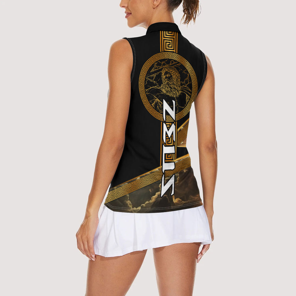 Zeus Greek Mythology King Of Gods Women Sleeveless Polo Shirt Gold Meander Pattern Lightning Bolt Mythological