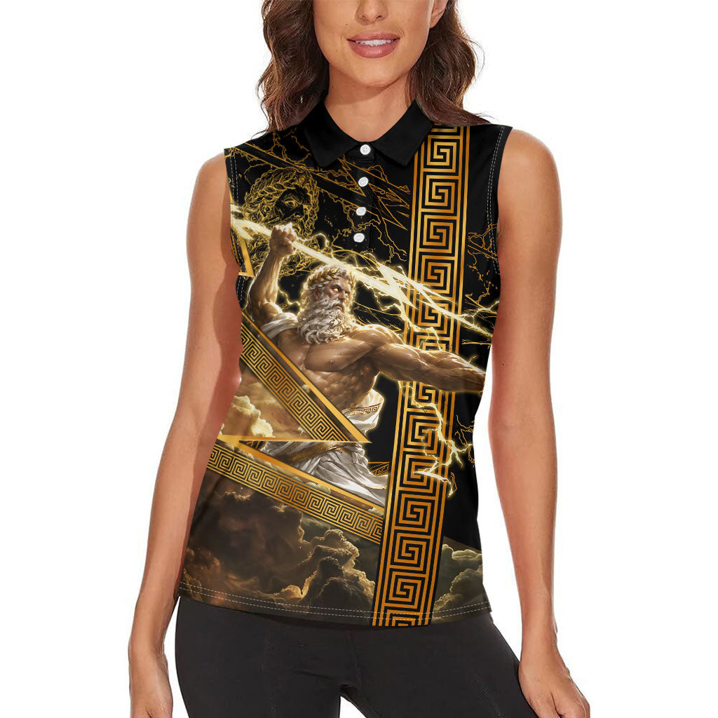 Zeus Greek Mythology King Of Gods Women Sleeveless Polo Shirt Gold Meander Pattern Lightning Bolt Mythological