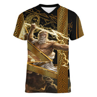 Zeus Greek Mythology King Of Gods Women V-Neck T-Shirt Gold Meander Pattern Lightning Bolt Mythological