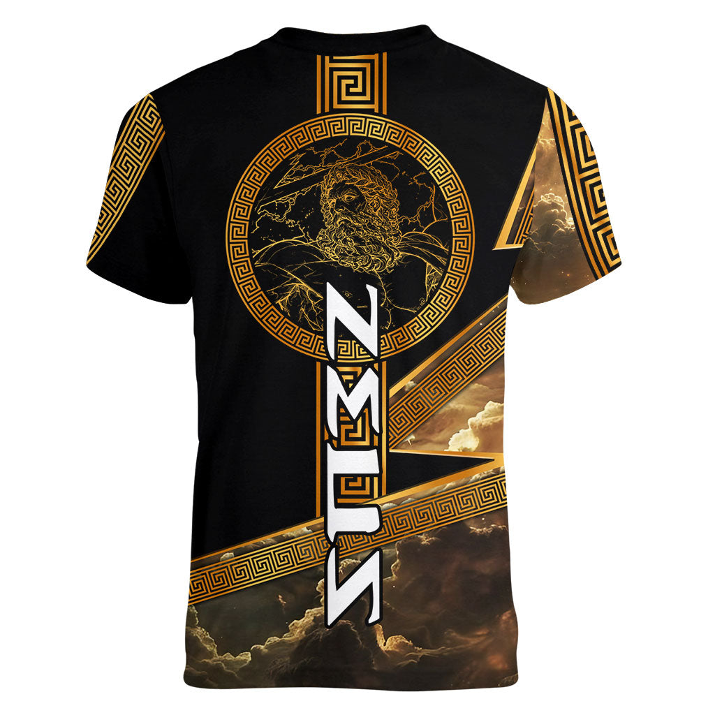 Zeus Greek Mythology King Of Gods Women V-Neck T-Shirt Gold Meander Pattern Lightning Bolt Mythological