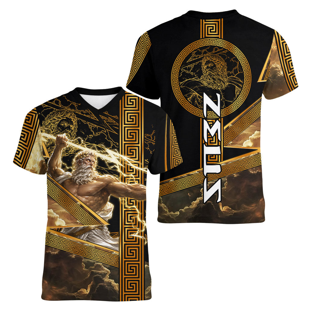 Zeus Greek Mythology King Of Gods Women V-Neck T-Shirt Gold Meander Pattern Lightning Bolt Mythological