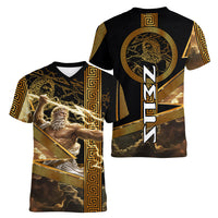 Zeus Greek Mythology King Of Gods Women V-Neck T-Shirt Gold Meander Pattern Lightning Bolt Mythological