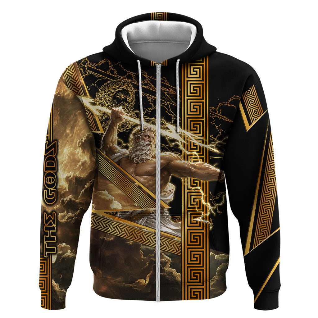 Zeus Greek Mythology King Of Gods Zip Hoodie Gold Meander Pattern Lightning Bolt Mythological