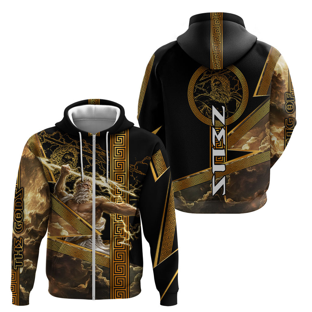 Zeus Greek Mythology King Of Gods Zip Hoodie Gold Meander Pattern Lightning Bolt Mythological