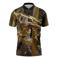 Zeus Greek Mythology King Of Gods Zipper Polo Shirt Gold Meander Pattern Lightning Bolt Mythological