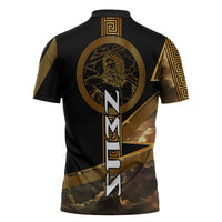 Zeus Greek Mythology King Of Gods Zipper Polo Shirt Gold Meander Pattern Lightning Bolt Mythological